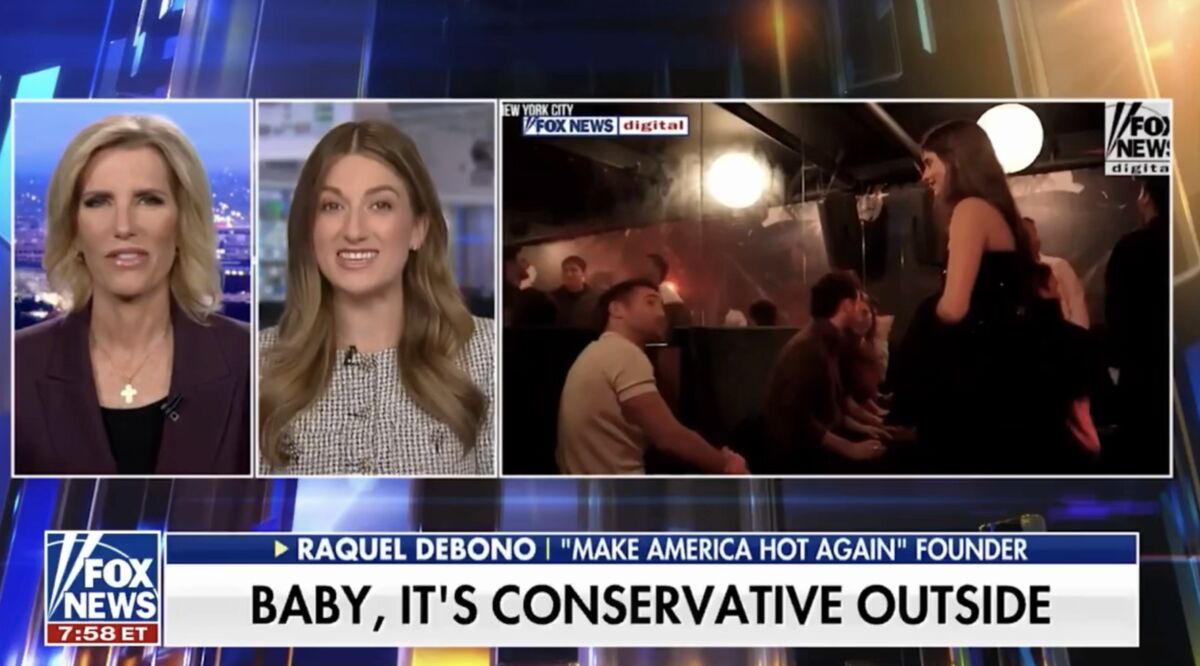 Raquel DeBono, Make America Hot Again founder, on Fox News with Laura Ingraham under the chyron “Baby, it’s conservative outside”