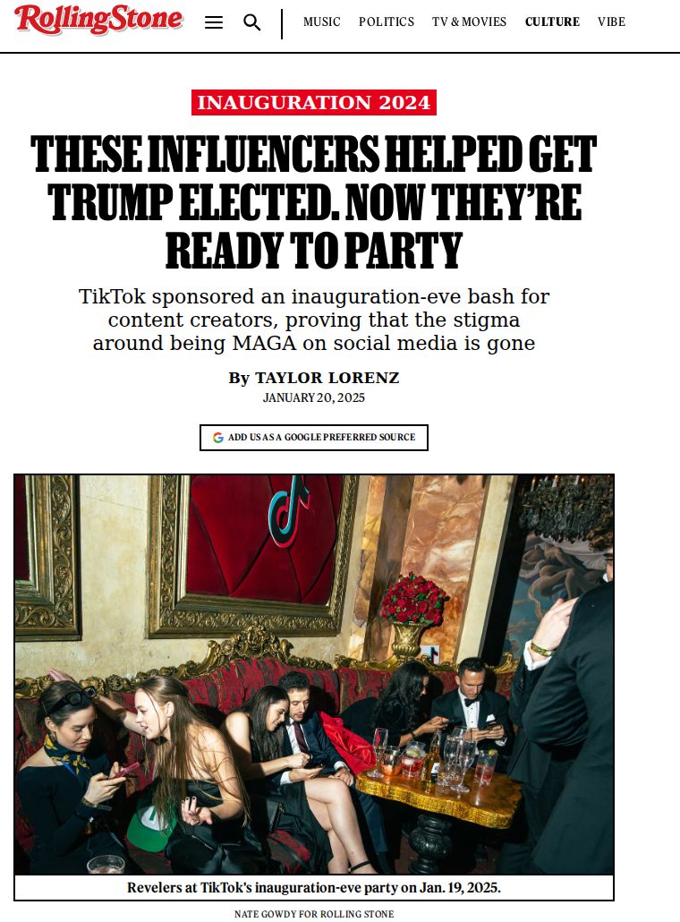 Rolling Stone: These Influencers Helped Get Trump Elected. Now They’re Ready to Party